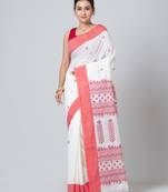 Puku pure cotton white and red border jamdani work saree with running blouse fabric