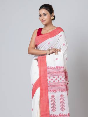 Puku pure cotton white and red border jamdani work saree with running blouse fabric 2