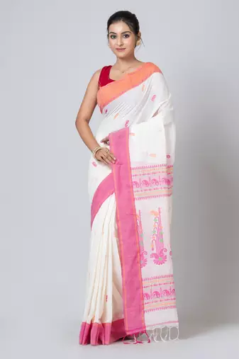 Puku pure cotton white and pink jamdani work saree with running blouse fabric