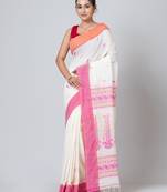 Puku pure cotton white and pink jamdani work saree with running blouse fabric