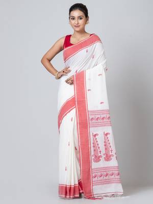 Puku pure cotton white and red border jamdani work saree with running blouse fabric 1