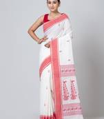 Puku pure cotton white and red border jamdani work saree with running blouse fabric