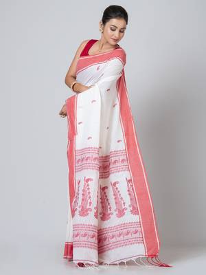 Puku pure cotton white and red border jamdani work saree with running blouse fabric 2