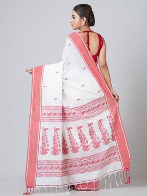 Puku pure cotton white and red border jamdani work saree with running blouse fabric 3