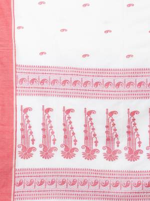Puku pure cotton white and red border jamdani work saree with running blouse fabric 4
