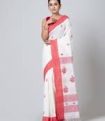 Puku pure cotton white and red border jamdani work saree with running blouse fabric