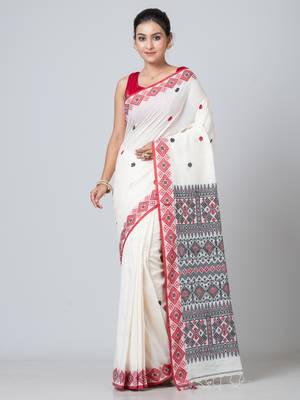 Puku pure cotton white buti work saree with running blouse fabric 1