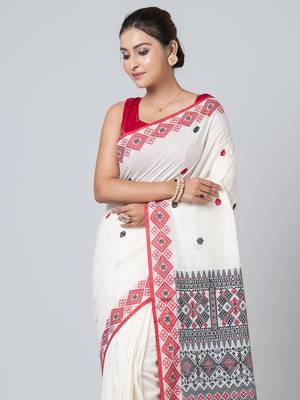 Puku pure cotton white buti work saree with running blouse fabric 2