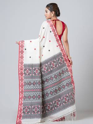 Puku pure cotton white buti work saree with running blouse fabric 3
