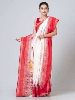 Puku pure cotton white and red border jamdani work saree with running blouse fabric 1