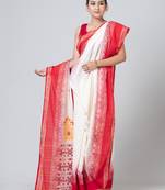 Puku pure cotton white and red border jamdani work saree with running blouse fabric