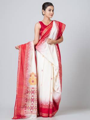 Puku pure cotton white and red border jamdani work saree with running blouse fabric 2