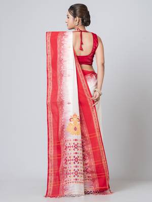 Puku pure cotton white and red border jamdani work saree with running blouse fabric 3