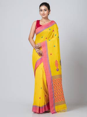 Puku pure cotton yellow buti work saree with blouse fabric 1