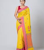 Puku pure cotton yellow buti work saree with blouse fabric