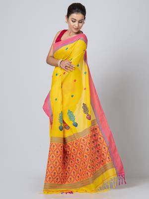 Puku pure cotton yellow buti work saree with blouse fabric 2