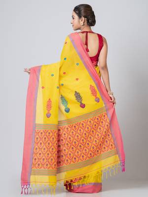Puku pure cotton yellow buti work saree with blouse fabric 3