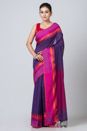Puku pure cotton purple naksha border saree with blouse fabric