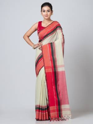 Puku pure cotton beige naksha border saree with blouse fabric 1