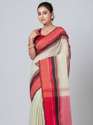 Puku pure cotton beige naksha border saree with blouse fabric 2