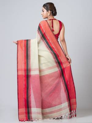 Puku pure cotton beige naksha border saree with blouse fabric 3