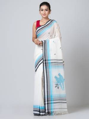 Puku pure cotton white  animal work saree with running blouse fabric 1