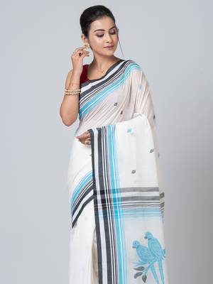 Puku pure cotton white  animal work saree with running blouse fabric 2