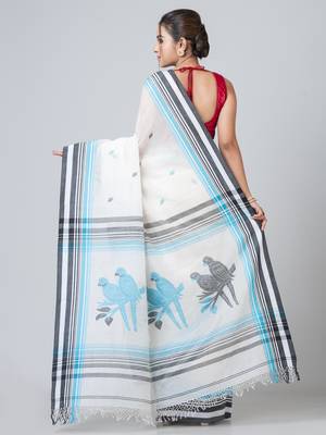 Puku pure cotton white  animal work saree with running blouse fabric 3