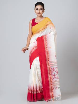 Puku pure cotton white &  red, yellow ganga jamuna border jamdani work saree with running blouse fabric 1