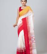 Puku pure cotton white &  red, yellow ganga jamuna border jamdani work saree with running blouse fabric