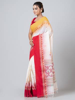 Puku pure cotton white &  red, yellow ganga jamuna border jamdani work saree with running blouse fabric 2