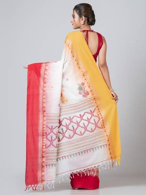 Puku pure cotton white &  red, yellow ganga jamuna border jamdani work saree with running blouse fabric 3