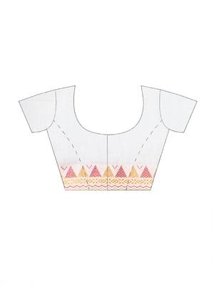 Puku pure cotton white &  red, yellow ganga jamuna border jamdani work saree with running blouse fabric 5