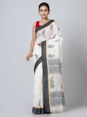 Puku pure cotton black and white elegant  jamdani  work saree with running blouse fabric 1