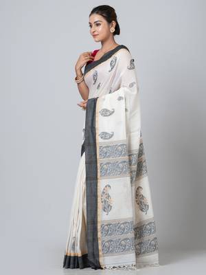 Puku pure cotton black and white elegant  jamdani  work saree with running blouse fabric 2