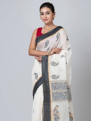 Puku pure cotton black and white elegant  jamdani  work saree with running blouse fabric 3