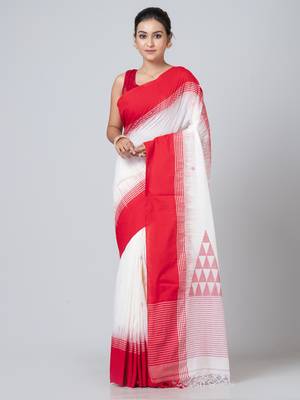 Puku pure cotton red and white elegant  buti work temple pallu saree with running blouse fabric 1