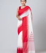 Puku pure cotton red and white elegant  buti work temple pallu saree with running blouse fabric