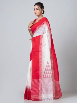 Puku pure cotton red and white elegant  buti work temple pallu saree with running blouse fabric 2
