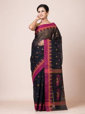 Puku puku pure cotton dhakai  saree with buti work  and temple border without blouse fabric 1