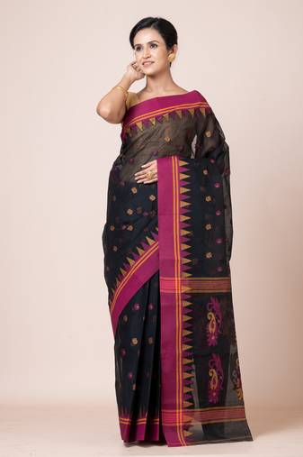 Puku puku pure cotton dhakai  saree with buti work  and temple border without blouse fabric