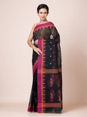 Puku puku pure cotton dhakai  saree with buti work  and temple border without blouse fabric 2