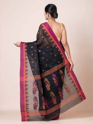 Puku puku pure cotton dhakai  saree with buti work  and temple border without blouse fabric 4