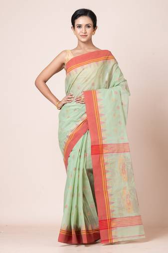 Puku puku pure cotton dhakai  saree with buti work  and temple border without blouse fabric