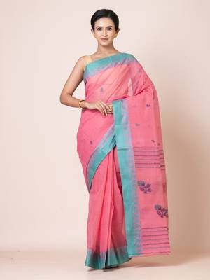 Puku puku pure cotton dhakai  saree with buti work  and temple border without blouse fabric 1