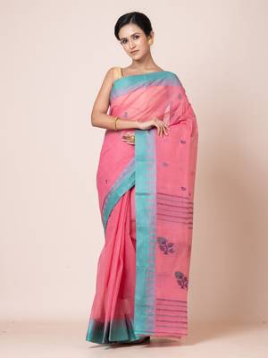 Puku puku pure cotton dhakai  saree with buti work  and temple border without blouse fabric 2