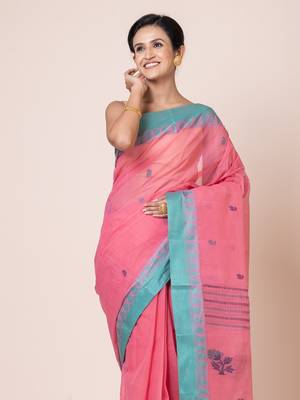Puku puku pure cotton dhakai  saree with buti work  and temple border without blouse fabric 3