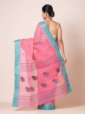 Puku puku pure cotton dhakai  saree with buti work  and temple border without blouse fabric 4