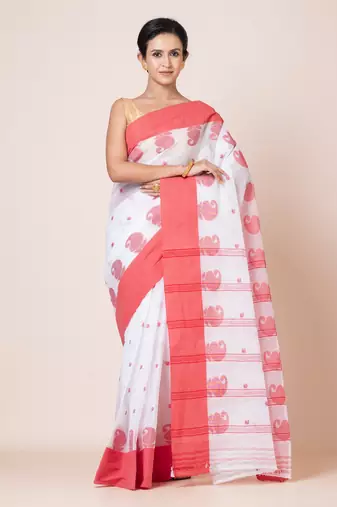Puku pure cotton tant tangail saree with buti work without blouse fabric