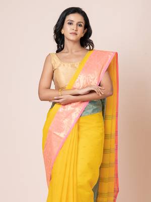 Puku pure cotton tant tangail saree with zari work without blouse fabric 3